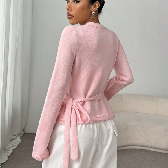 Pink Casual Women's Loose Tie-Front Long Sleeve Cardigan Tops - Picture 2 of 8